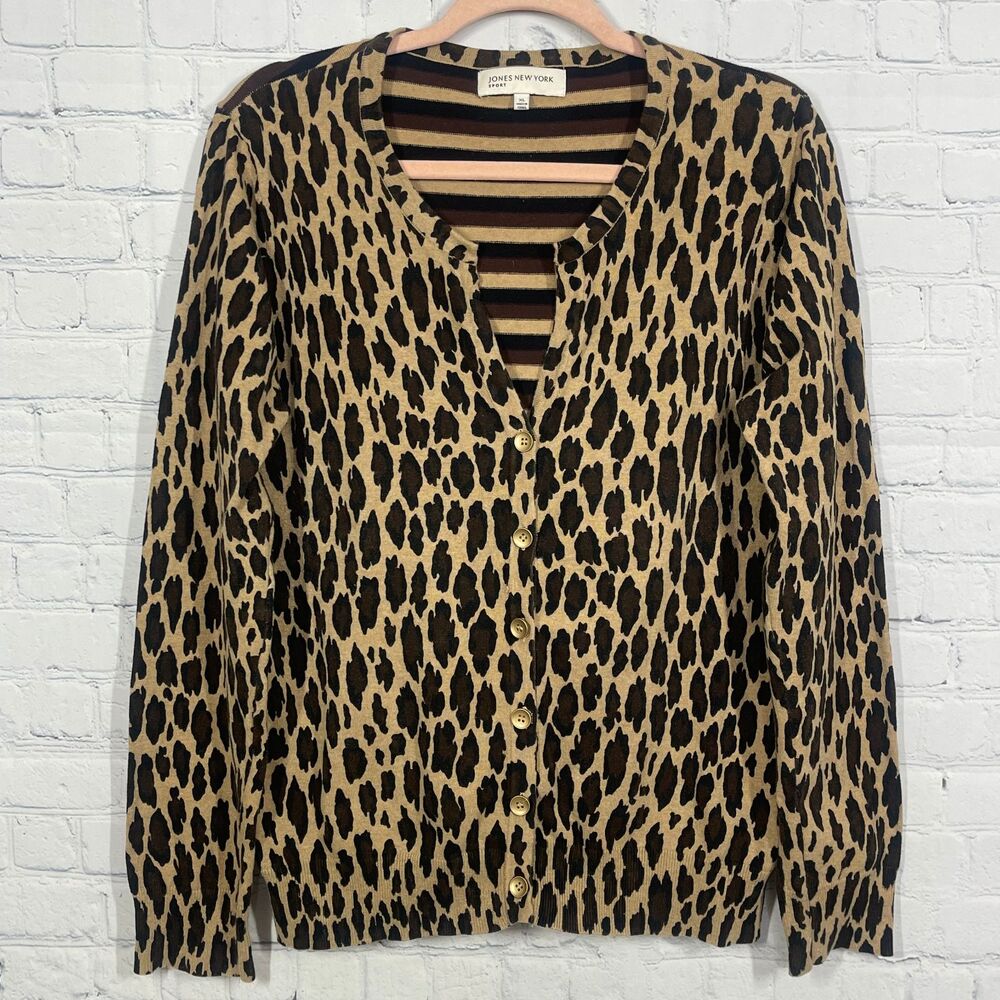Jones New York Leopard Print Cardigan XL Casual Work Sweater Layering Chic - Picture 2 of 12